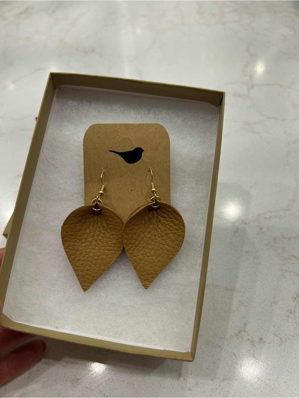 New! Leather Leaf Drop Earrings - Tan